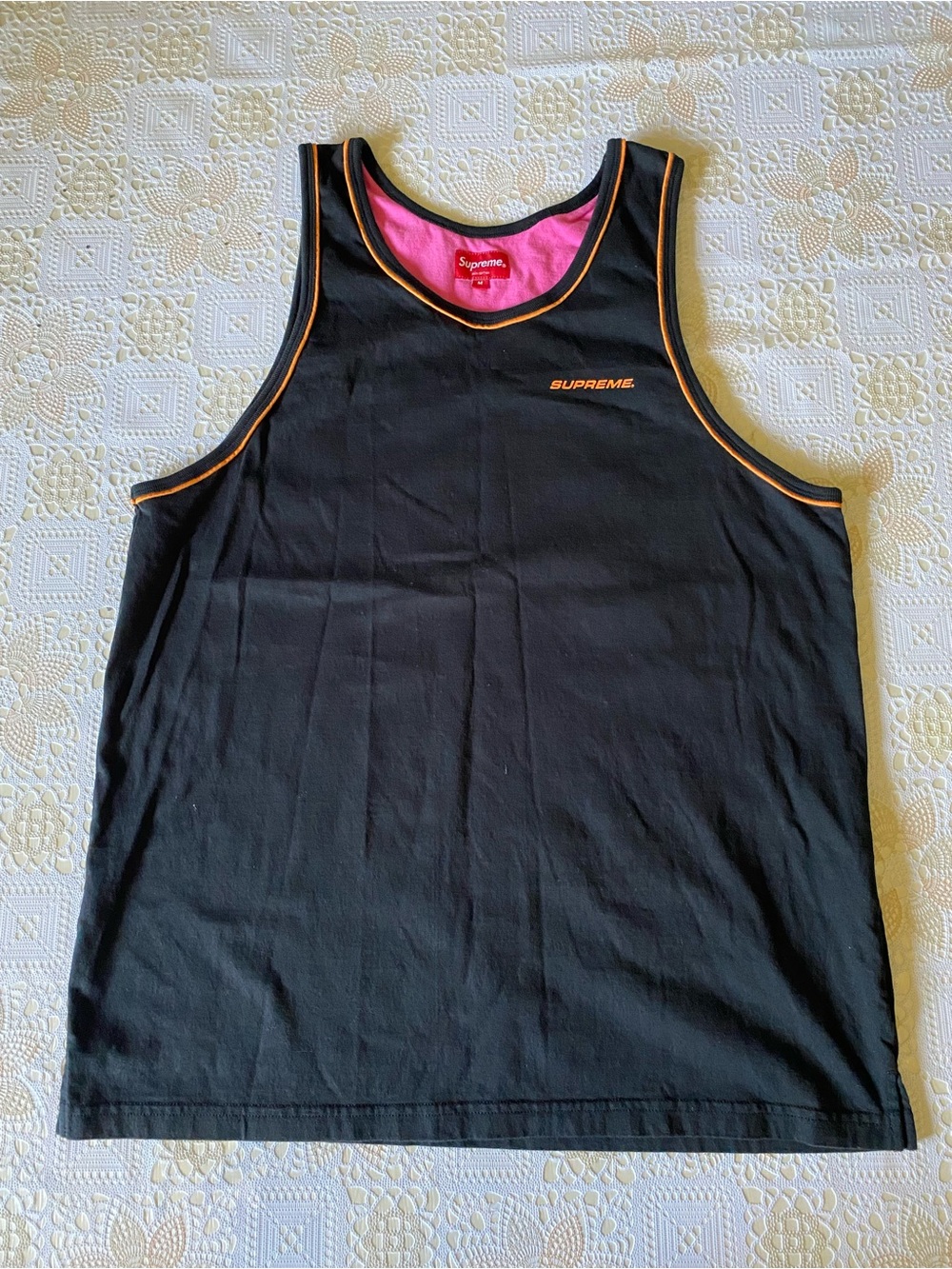 Supreme Black Tank with Orange Piping and Pink Neckline